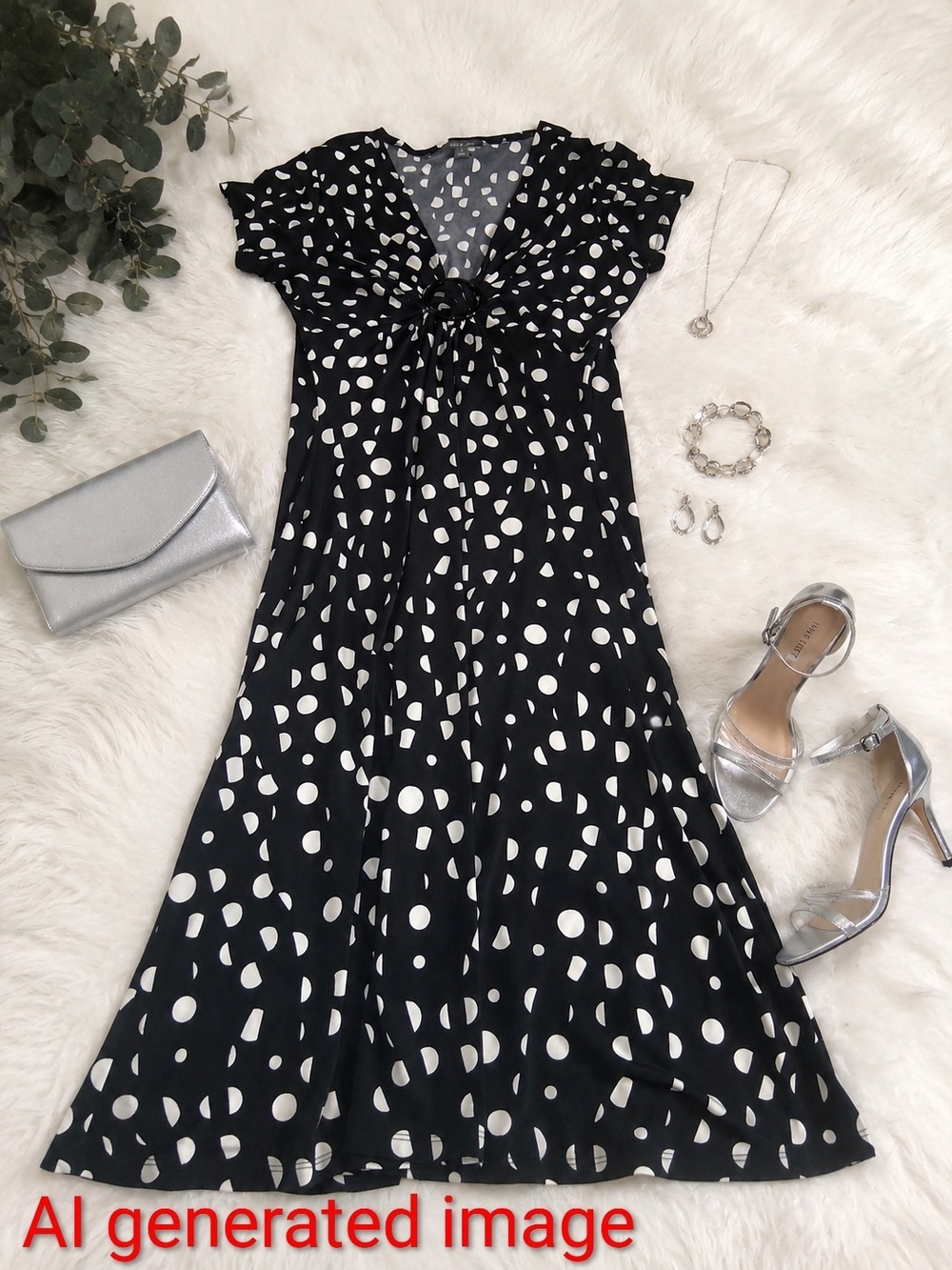 Apt. 9 Stretch Black & White Polka Dot Midi Dress | Size Medium